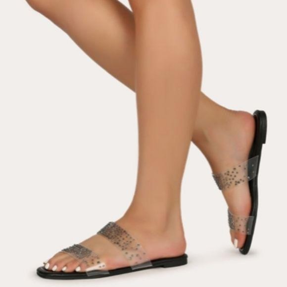 Clear Rhinestone Double Band Sandals - Picture 2 of 5